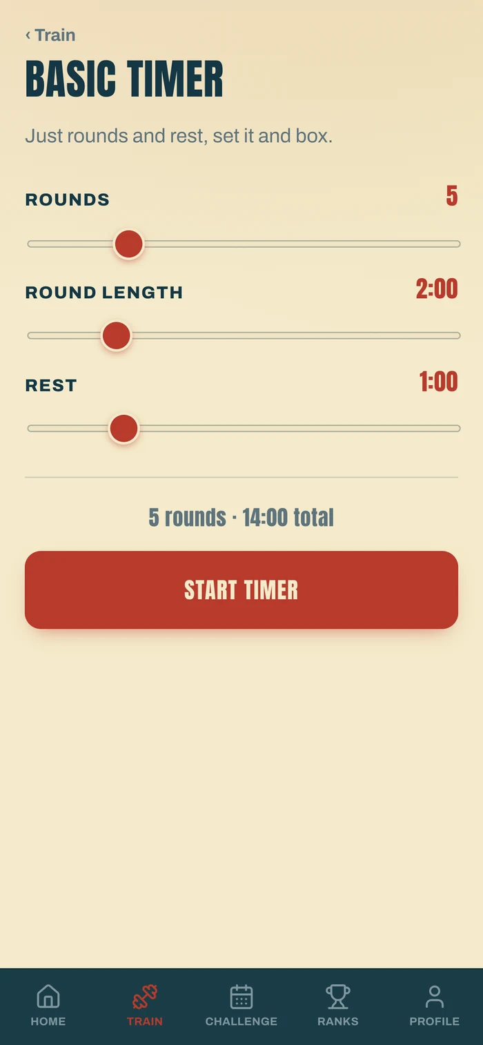 Basic Timer screen: rounds, round length, rest